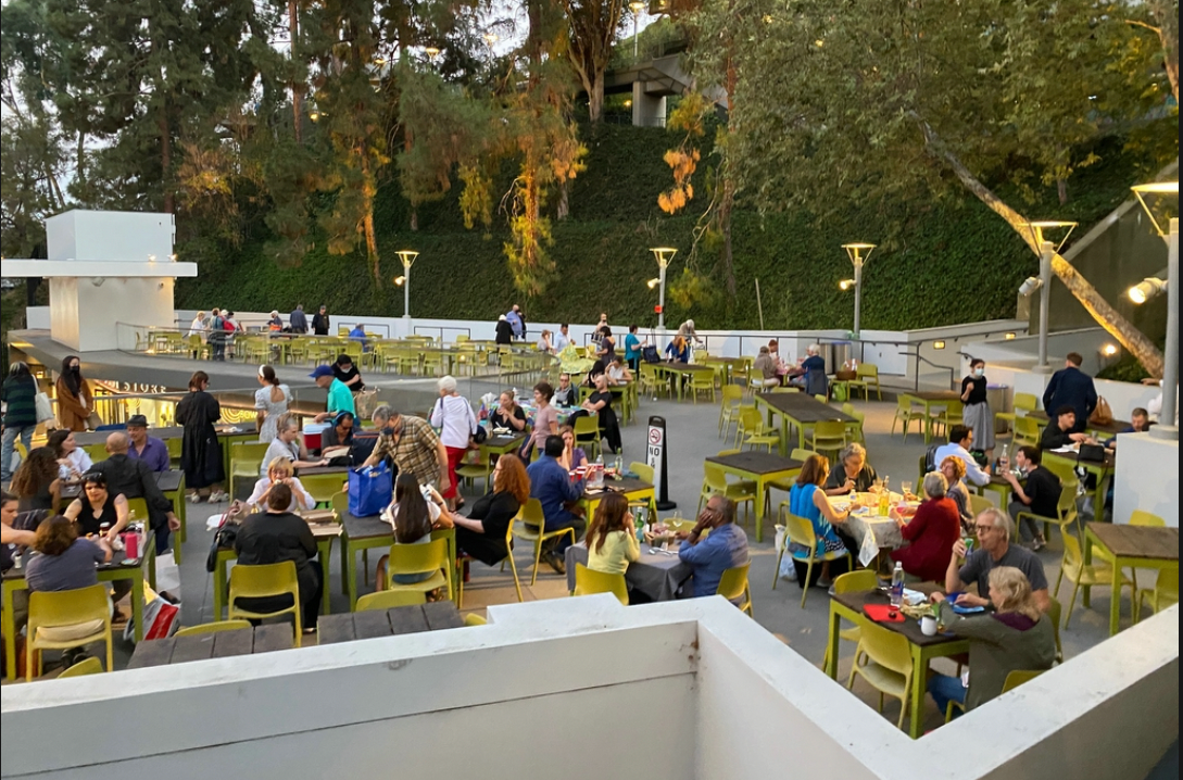 Picnic benches at the Hollywood Bowl before a Los Angeles concert