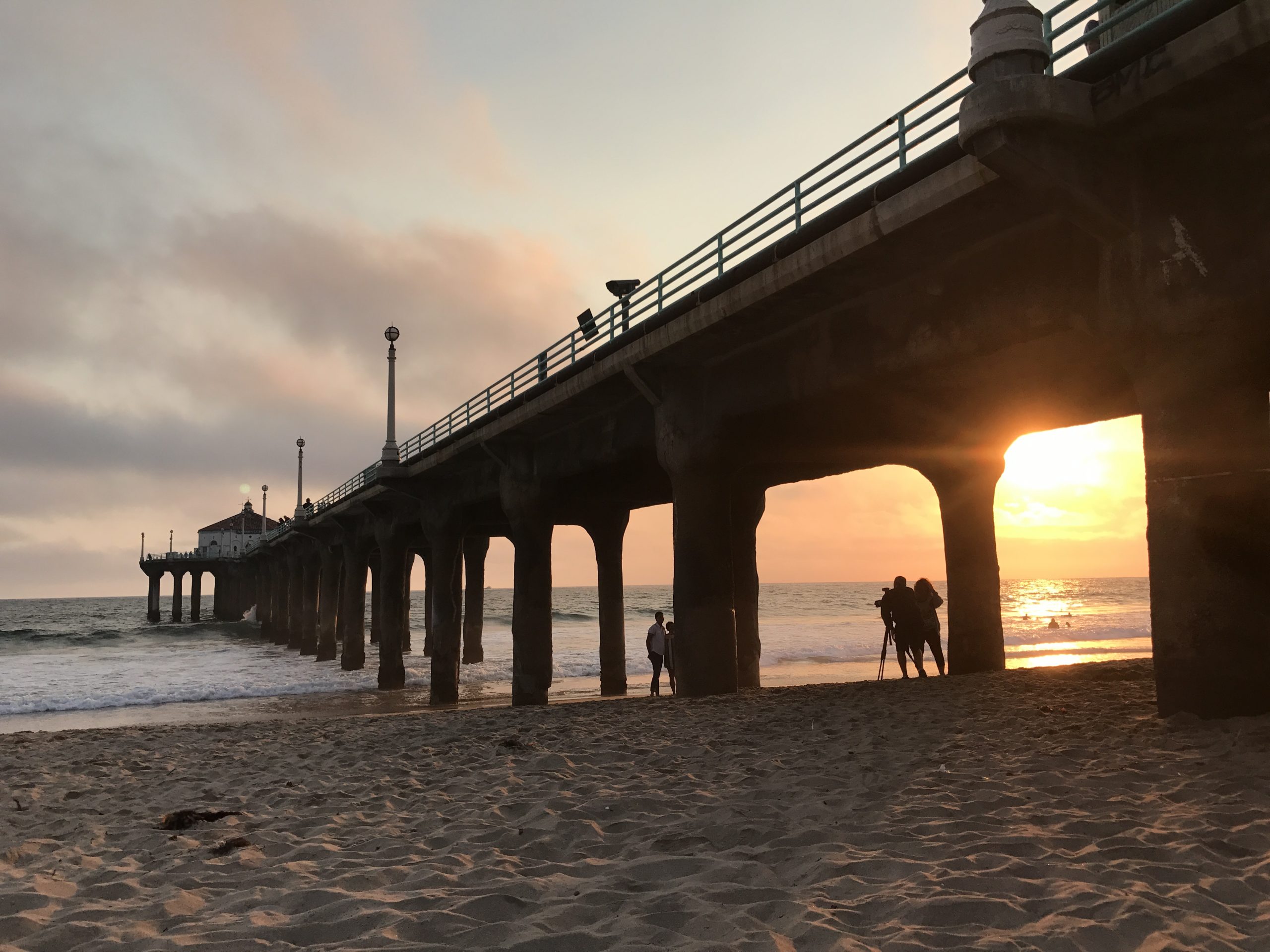 Manhattan Beach Pier at sunset with the Roundhouse Aquarium at the end of the pier